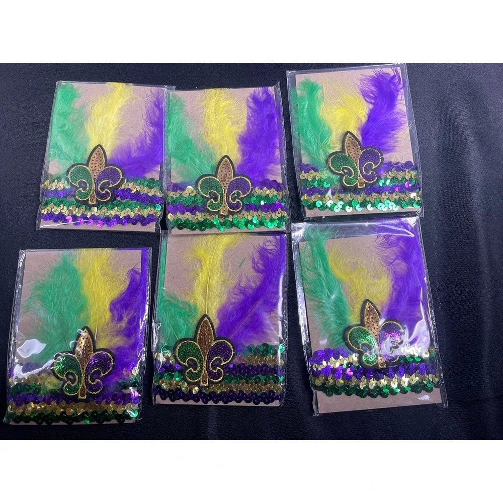 6pc Mardi Gras Fleur-de-lis Sequin Feather Party Favor Bags Purple Green Gold
